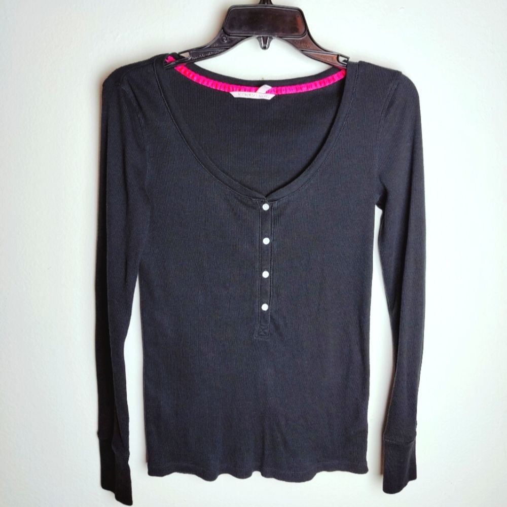 VTG Y2K Victoria's Secret Ribbed Knit Long Sleeve Scoop Neck Henley T-shirt S